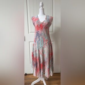 Komarov Multicolor Crinkle Chiffon Dress Cap Sleeve V-Neck Sz M Garden Wedding